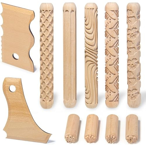 Krbnk 11-teiliges Töpferwerkzeug-Set mit 5 Ton-Texturwalzen, 4 Tonstempeln, 2 Fußformern/Töpferschablonen | All-in-One Keramik-Gravierset für Tonformung, Modellierung & Keramikarbeiten