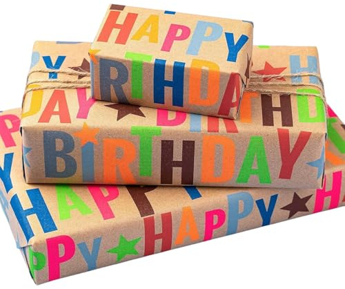 BIOBROWN Geschenkpapier Geburtstag, Kraftpapier mit Schrift, 43 cm x 10 m | Bunte „Happy Birthday“-Schrift auf Kraftpapier; für Geburtstage, Partys und Geschenke für jedes Alter
