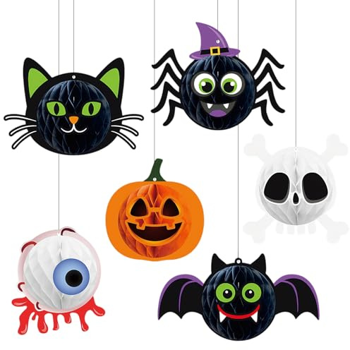 Luxvara 6 Stück Halloween Deko Wabenball zum Aufhängen, Kürbis Spinne Skeleton Geist Fledermaus Papier Hängedeko, Halloween Partydekor zum Aufhängen für Fenster, Baum, Decke und Wand