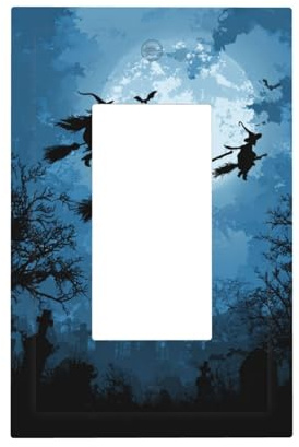 Witches Flying On Broomsticks Full Moon Light Switch Wall Plate Faceplate Cover Single Rocker 1 Gang Decorator Outlet Receptacle Covers For Home Kitchen Room Bathroom Decor
