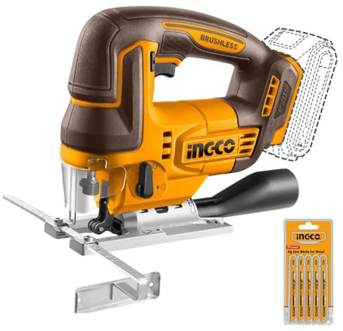 Ingco Cjsli1008 Seghetto Alternativo a Batteria 20 V Brushless Taglio Legno Metallo Dritto 45° 5 lame Solo corpo