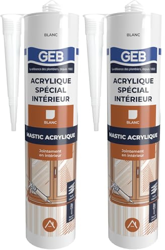 GEB Mastic acrylique spécial intérieur pour le calfeutrement autour des portes et fenêtres en intérieur. Multi supports. Peut se peindre. Sans odeur. 310ml - Blanc (Lot de 2)