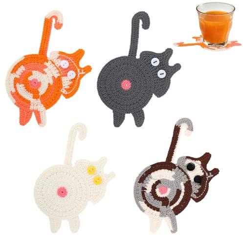 Fukaisu 4pz Sottobicchieri Gatto per Bevande, Carini Sottobicchieri Tazza all'Uncinetto Tovaglietta Bevande Intrecciata Mano Assorbente Antiscivolo per Decorazione Casa Cucina Regali Amanti Gatti