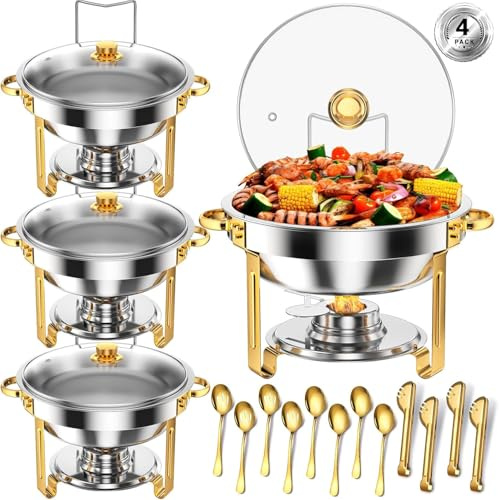 Aptliton 4 Pack Gold Round Chafing Dish Buffet Set, Buffet Warmer Food Server with Tempered Glass Lid and Utensils, Stainless Steel Food Warmers for Parties, Weddings, Catering Events
