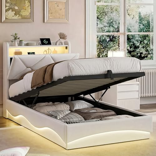 BPKADHY Sängklädsel, 90 x 200 med LED och USB, säng med hydraulisk sänglåda & förvaringsutrymme, sängram med ribbotten av trä, sammet, beige, utan madrass