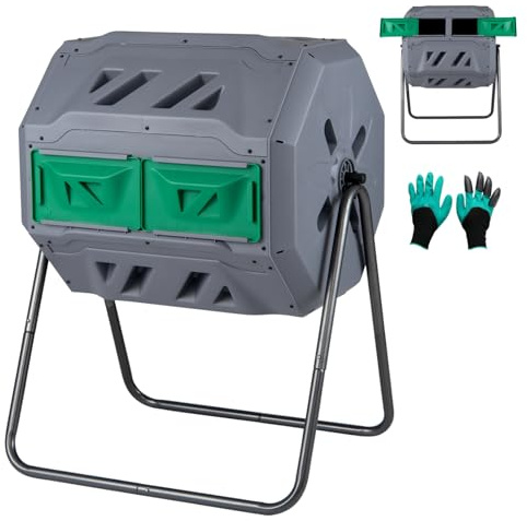 GiantexUK 160L Garden Tumbling Composter, Dual Chamber Compost Tumbler Bin with 2 Sliding Doors, Rotating Waste Bin Composting Tumbler (160L, Grey+Green) | Dual Chamber Compost Tumbler Bin with 2 Sliding Doors, Rotating Waste Bin Composting Tumbler