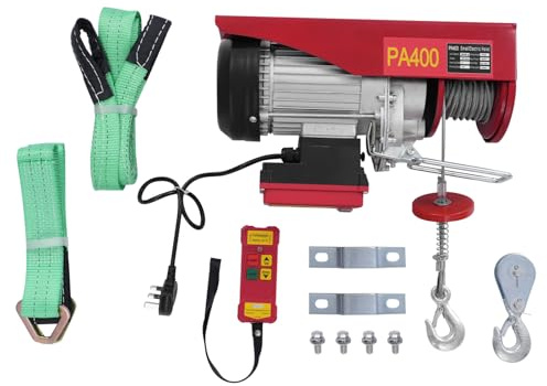 Electric Hoist 400kg with Wireless Remote – 12m Steel Cable, 2 Lifting Straps – Heavy Duty Industrial Winch for Workshop, Garage, Construction, Red