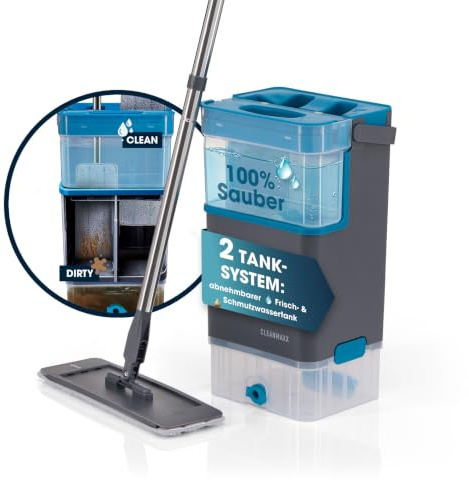 CLEANmaxx Komfort-Mopp DuoTank - Bodenwischer mit abnehmbaren Tanks, Wischmopp mit 100 % hygienisch getrenntem Frisch- und Schmutzwasser | Wash- & Dry-Zonen | 132 cm Stiel, inkl. 2 Mikrofasertücher