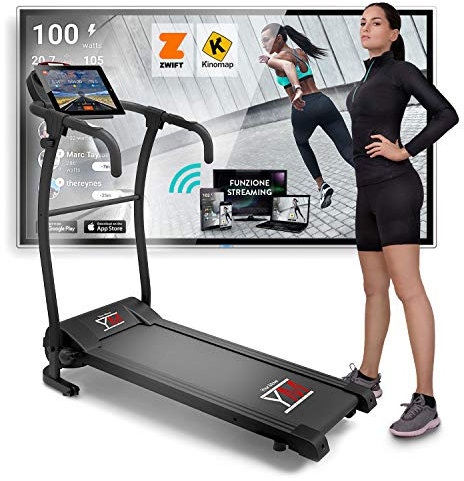 Cinta De Correr Plegable YM TAP100ST, Bluetooth Aplicación KINOMAP y ZWIFT Video Entrenamiento y Multijugador, 12 Programas, 10 km/h, Pulsómetro Lubricaciòn Autom, Pantalla LCD (1800W / 2,5HP Pico)