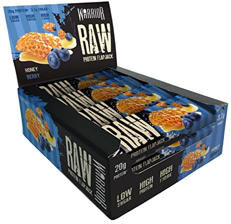 Warrior Raw Protein Bars – 12 x 75g High Protein Snack – High Fibre, Low Sugar – Ideal Meal Replacement or Healthy Nutrition Energy Snacks - Oat Bar Flapjacks – UK Made (Honey Berry)