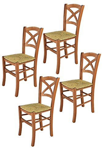 t m c s Tommychairs - Set 4 sillas Cross para Cocina y Comedor, Estructura en Madera de Haya Color Cerezo y Asiento en Paja
