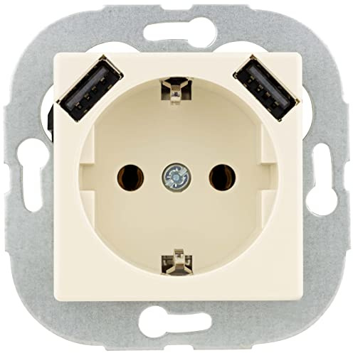 REV Quadro, Steckdose mit 2 USB Anschlüssen. USB: max. 2,1A, 5VDC, 10,5W, cremeweiss