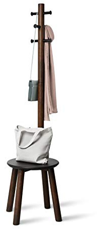 Umbra Pillar Garderobenständer mit Hocker, 6 Haken, Schwarz/Walnuss | Gummibaumholz und Metall, freistehend, platzsparend, für Flur oder Schlafzimmer, kompakte Abmessungen