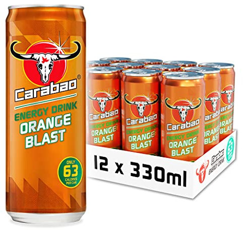 Carabao Energy Drink Orange Blast, 12 x 330ml Cans Case, Low Calorie, Lower Sugar, Fizzy Fruit Flavour, Vegan, Gluten Free Drink, B Vitamins, Taurine, Caffeine with Zero Crash, Bulk Crates, Multipack
