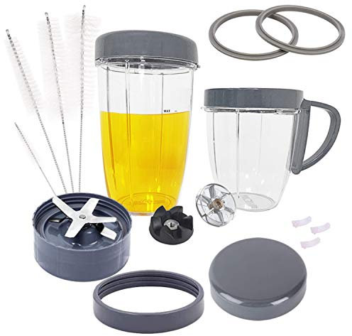 Replacement Parts for NutriBullet, 2 Cups, Extractor Blade, 2 Resealable Lids, 2 Gasket, 2 Gear, 3 Shock Pads, Lid Ring, Lid Ring with Handle & Cleaner Brush for Nutribullet 900W/600W (15-Piece)