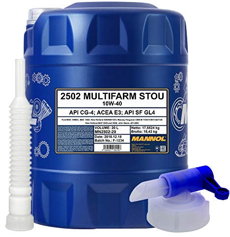 20 Liter, MANNOL STOU 10W-40 TRAKTOR HYDRAULIKÖL + HAHN + SCHLAUCH