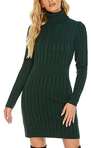 QUNERY Mujer Vestido Punto Elegante Manga Larga para Suéter,Casual Jersey Vestidos Invierno de Cuello Alto A-Verde M