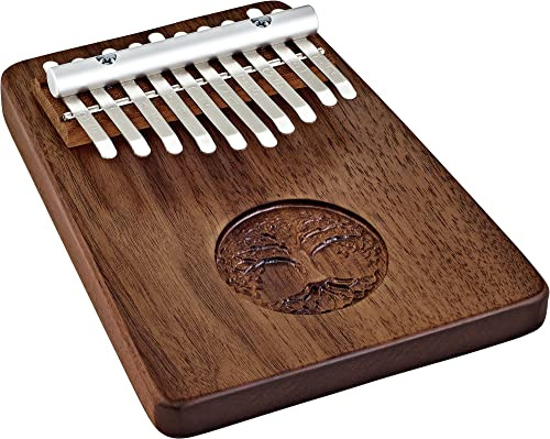Sonic Energy Solid Kalimba, 10 Töne, Schwarzes Walnussholz (KL1001TOL) | C-Dur, 440 Hz, matt, Baum des Lebens-Relief, inkl. Etui, Hülle, Tuch und Stimmhammer, Schwarzes Walnussholz, Stahl