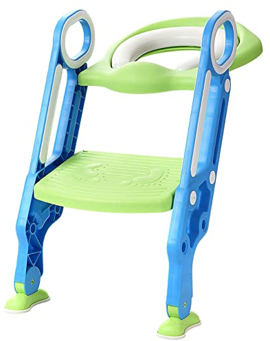 Riduttore WC per Bambini Ergonomico Con Schienale Alto, Baby training WC vasino sedile con scaletta, antiscivolo, resistente, design pieghevole e regolabile in altezza-blu+verde