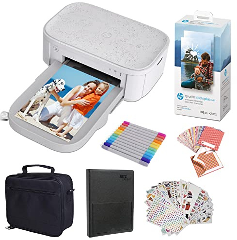 HP Sprocket Studio Plus Imprimante Photo Couleur instantanée sans Fil 4x6 (10,2x15,2 cm) Wi-FI, Sublimation Thermique, Kit: Album Photo, feutres, Papier Photo et Autocollants.