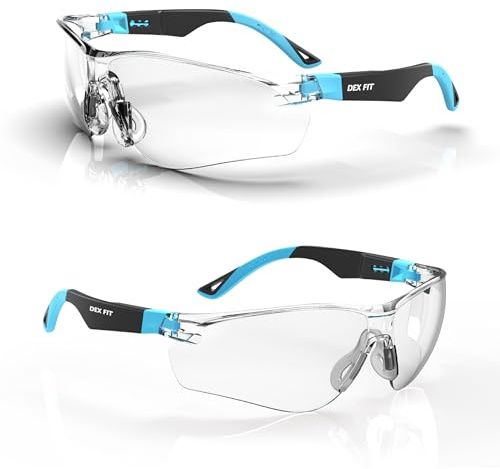 DEX FIT Schutzbrille Arbeitsschutzbrille SG210, Z87 Augenschutz Schutzbrille, Beschlag- und Kratzfest, Verstellbar für Damen und Herren, UV Brille (Schwarzer und Blauer Rahmen, Klare Gläser)