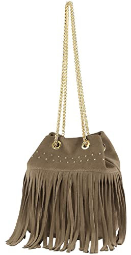 modamoda de - T244 - Bolso de mujer de ante con flecos y cadena de oro, gris, S