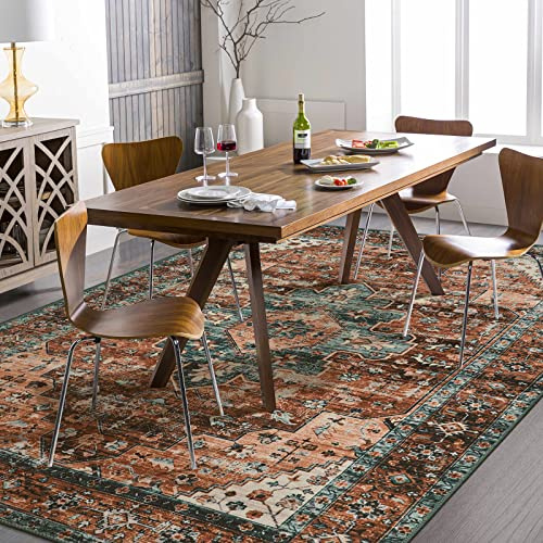 Moynesa Ultra-Thin Vintage Area Rug - 9x12 Large Living Room Rugs for Bedroom Aesthetic, Under Dining Table, Oriental Medallion Printed Low Pile Carpet Office Playroom Dorm, Brick Red/Dull Teal