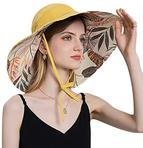 Breite Krempe Sonnenhut für Damen Sommer Anti-UV Strandhut Frauen Packbar Faltbare Reversible Flora Eimer Kappe Sonnenmütze Outdoor Sommerhüte mit Verstellbarem Kinnriemen & Loch für Pferdeschwanz