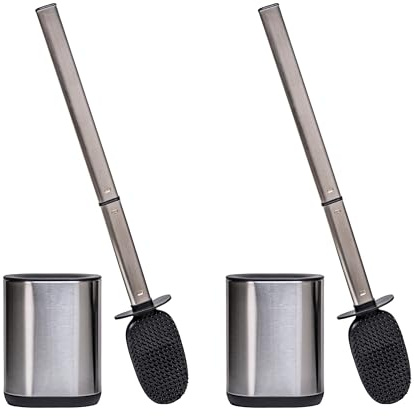 Erreke Scopino WC Silicone, Spazzolone Bagno in Acciaio Inossidabile, Flessibile e Igienico, Moderno ed Elegante, Con Supporto, Argento Set di 2