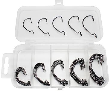 Angelhaken Set Kohlenstoffstahl Angelhaken, 50Stück Angelhaken mit Widerhaken Fisch Haken mit Kunststoffbox für Salzwasser und Süßwasser, 2# 1# 1/0# 2/0# 3/0#