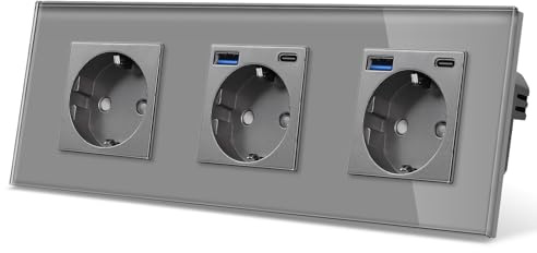 CNBINGO Steckdose mit 2x USB-C/A, 20W Schnellladen, 3-Fach Grau Glas | Schuko Steckdose Unterputz mit USB-Schnellladung, Wandsteckdose mit Kindersicherung, Horizontal oder Vertikal, Glasrahmen