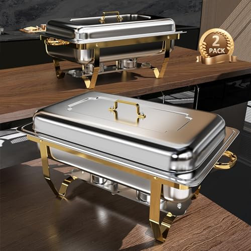 Amhier Chafing Dishes - 8QT High Grade Chafers and Buffet Warmers Set, Rolled-Edge Design with Gold and Silver, 2 Pack