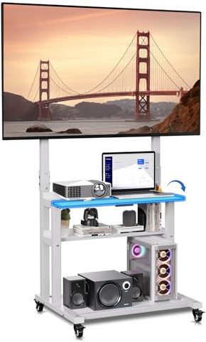 EZISE White Rolling TV Stand with Storage Shelves, Tall TV Stand on Silent Wheels for TVs up to 75 Inch, Height Adjustable Outdoor TV Stands Hold up to 150 lbs