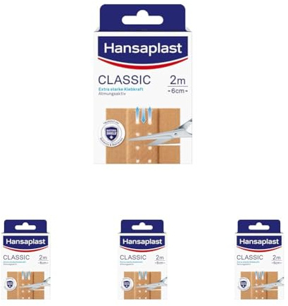 Hansaplast Classic Pflaster 4er-Set (2 m x 6 cm), zuschneidbare Wundpflaster mit extra starker Klebkraft & Bacteria Shield, flexibles und atmungsaktives Verbandsmaterial