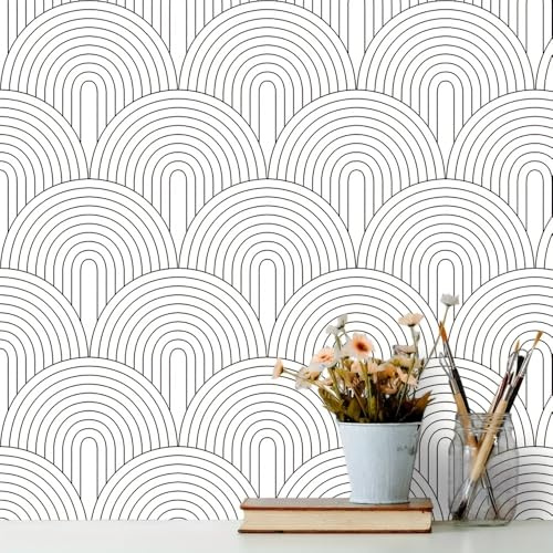 Selbstklebende Tapete Geometrisch Schwarz Weiß, 44.5 x 1000 cm Tapete Streifen Abstrakte Gestreift Tapeten Boho Möbel Klebefolie Möbelfolie Selbstklebend für Badezimmer Wohnzimmer Schlafzimmer Küche