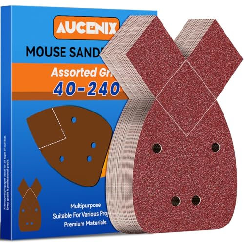 Aucenix 30Pcs Mouse Sander Pads: Detail Sanding Pads for Mouse Sander with 40/60/80/120/180/240 Mixed Grits - 4 Holes Sandpaper Sheets with Extra 2 Tips for Replacement for Black and Decker Palm