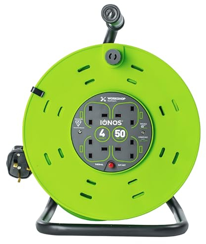 IONOS - Carrete de cable de 4 enchufes, 50 m, verde, 13 A, corte térmico, resistente, cable de extensión para exteriores, ideal para jardín, taller, bricolaje, herramientas eléctricas (ION50M13ACR1)