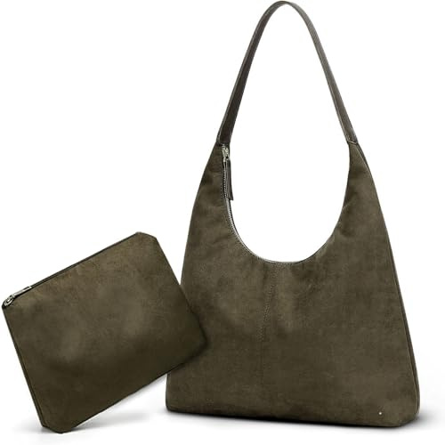 Skyearman – Bolso de hombro para mujer de gamuza de piel suave, bolso retro de gran capacidad, bandolera para mujer con cremallera, 2 unidades, verde, L