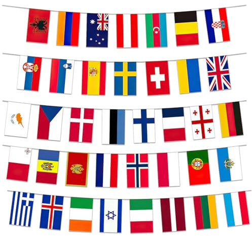 38 Länder Fahnen Wimpelkette für 2026 WM - Eurovision Song Contest 2026 mit 38 Länder Doppelseitige Stoff-Wimpelkette Europäische Flagge Bunting,für Bar,Club,Garten, Euro Fußball Eurovision 2026