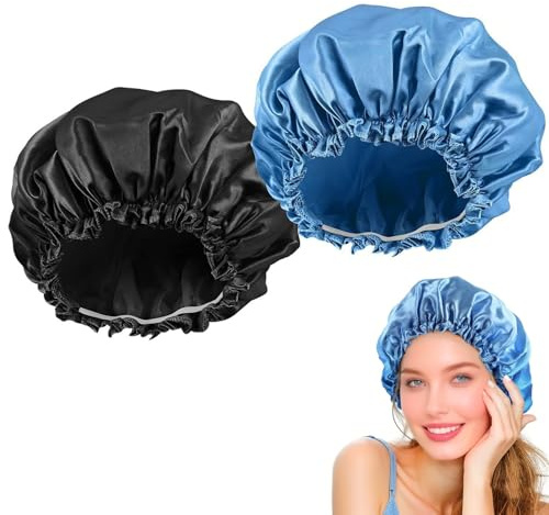 2 Stück Satin Damen Duschhaube Wasserdichte Haarhaube für Frauen Mädchen Elastische Wiederverwendbar Shower Cap für Baden Spa Salon Makeup (Schwarz+Blau)