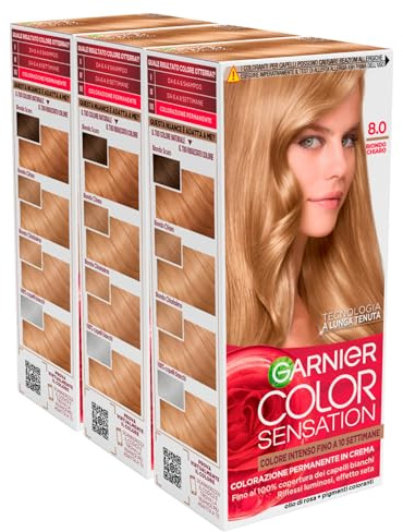 Garnier Color Sensation - Tinte permanente de larga duración con aceite de rosa, cubre 100% cabello blanco, color 8.0, rubio claro, 3 colores