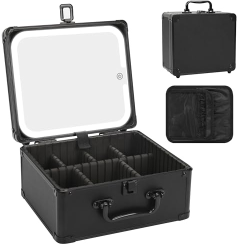 Baggily Makeup Bag with LED Mirror, Cosmetic Case Large with Adjustable Partitions and 3 Color Light, Cosmetic Brush Organizer for Makeup Artists, Valentine's Gifts for Women