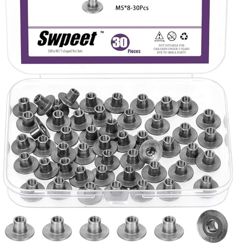 Swpeet 50pcs M5 × 16 × 8mm Kohlenstoffstahl Tee-Mutter, Durch Loch Flansch Einfügen weibliche Gewinde-Muttern, Runde Basis Schweißen Tee-Muttern, Brad Loch T-Mutter Montage für Holzmöbel