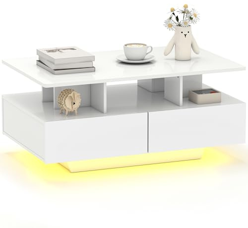 HOMCOM Mesa de Centro LED Moderna con 4 Cajones 90x55x41 cm Blanco Brillo