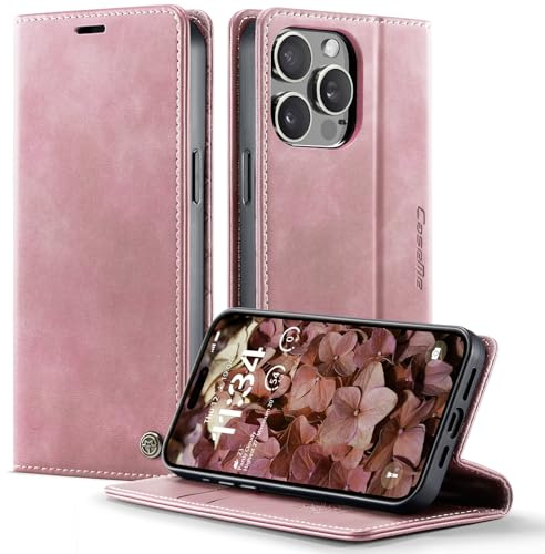 owlhold iPhone 13 Pro Max hülle klapphülle Premium PU Leder, RFID Schutzhülle, Faltbare Ständer, Handytasche Lederhülle Kartenfach Standfunktion Handyhülle iPhone 13 Pro Max - Rosa