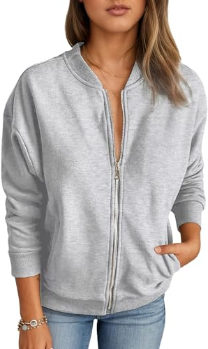 Timuspo Long Sleeve Zip Up Women's Sweatshirts Casual Loose Lightweight Jackets with Pockets Comfy Utility Jacket Spring Fall Outerwear Grey XL