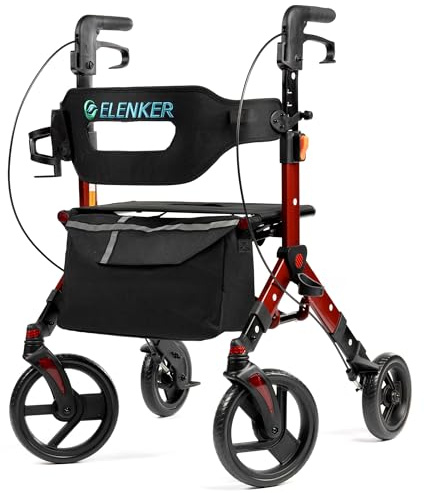 ELENKER All-Terrain Rollator Walker with Seat, Outdoor Rolling Walker for Seniors, 10” Non-Pneumatic Tire Front Wheels, Compact Folding Design, Red