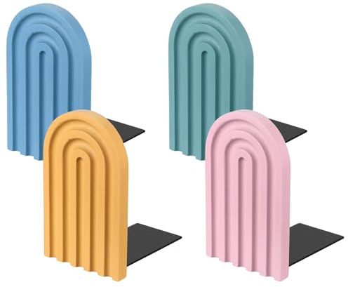 PATIKIL 4 Stück Gewölbte Buchstützen Holz Gelb/Rosa/Himmelblau/Hellblau | Rutschfeste, Für Regale Buchhalter Für Bücher Film CD Zuhause Büro Bibliothek Deko, Buchstützen