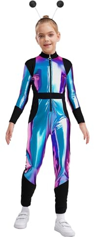 YiZYiF Mädchen Alien Space Girl Overall Metallic Jumpsuit Kopfschmuck Glitzer Turnanzug Kinder Karneval Halloween Tanzoverall Y_Blau&Schwarz-Haargummi 122-128