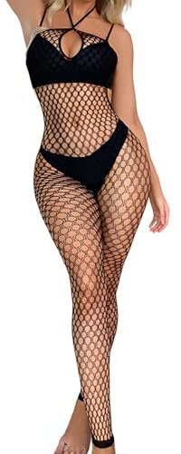 viiotu Fishnet Bodysuit for Women – Lace Lingerie Bodystocking, Sleeveless Sexy Mesh Teddy, Stretchy See-Through Nightwear for Honeymoon, Lingerie Parties (Black, One Size)